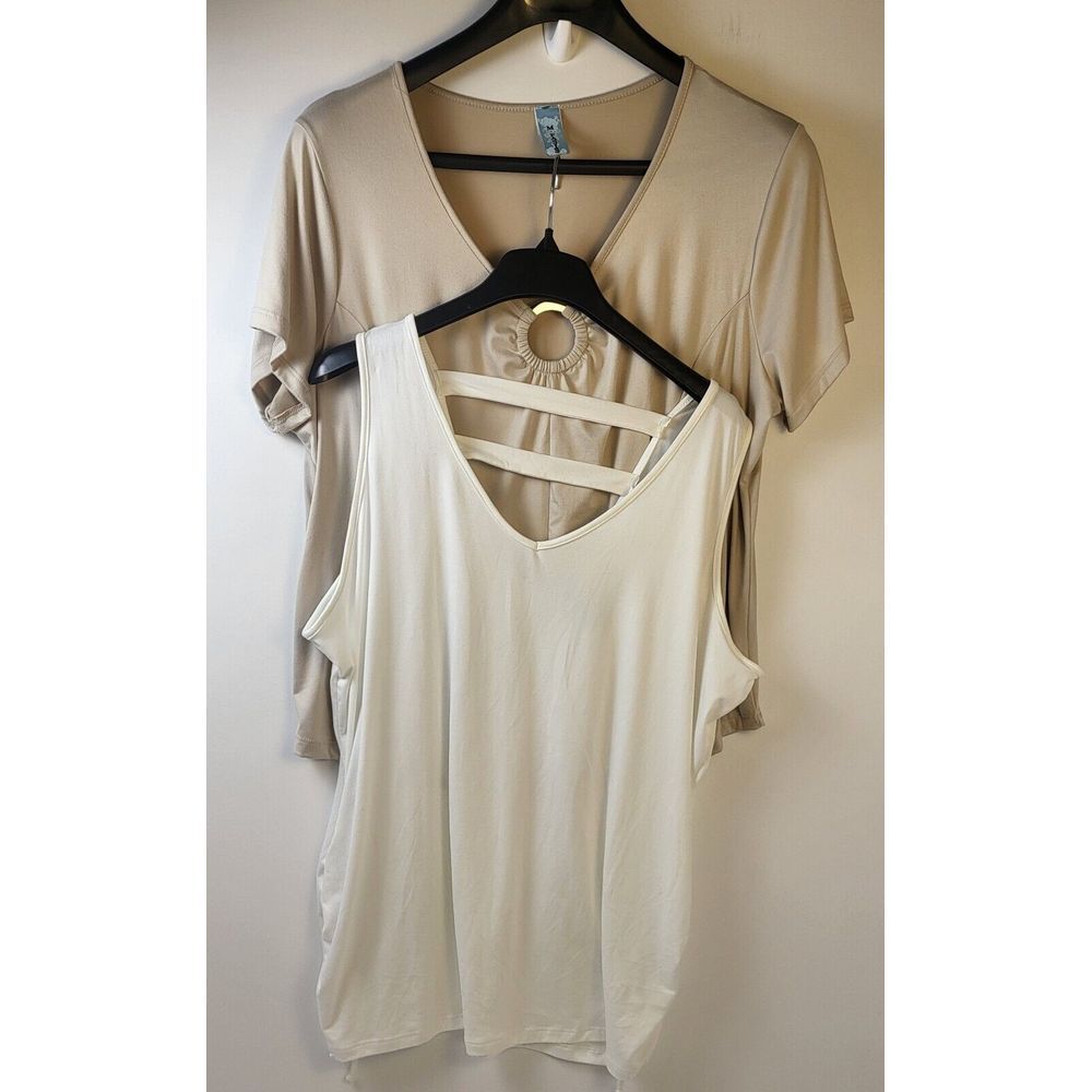 Womens 3X M. FASIS Short Sleeve Pink O Ring Neckline & White Tank Top